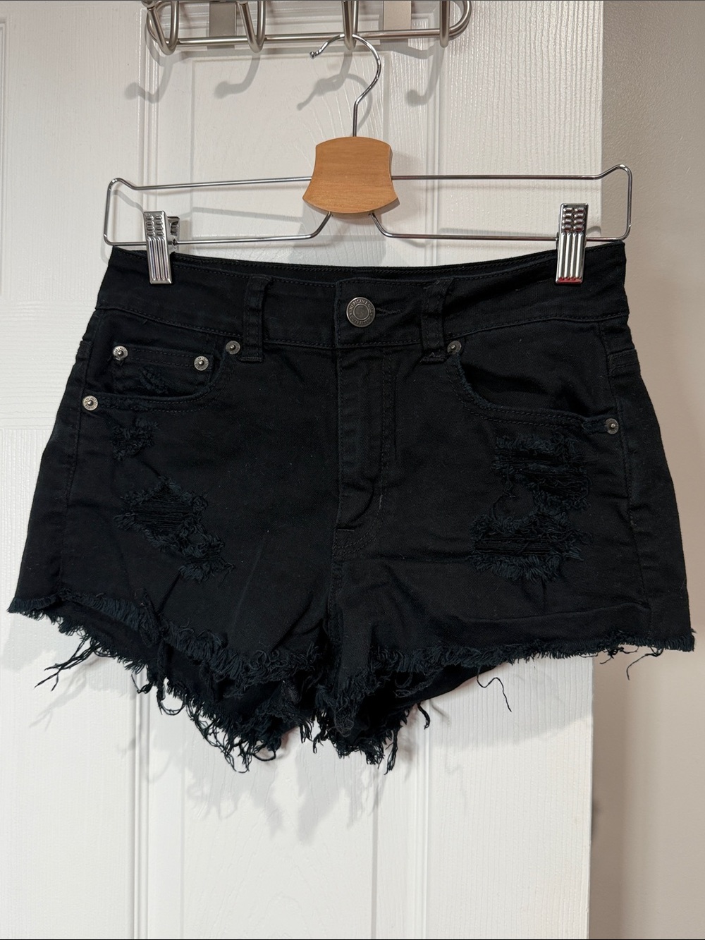 American Eagle Outfitters High Rise Black Distressed Denim Cutoff Shorts